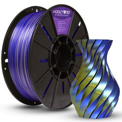 Filamento PLA Duo Color Azul Safira e Dourado V-Silk 1kg para Impressão 3D, acabamento metálico brilhante e efeito bicolor.