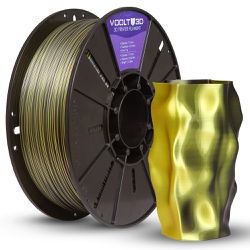 Filamento PLA Duo Color Dourado e Preto V-Silk 1kg para Impressão 3D, acabamento metálico brilhante e efeito bicolor.
