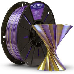 Filamento PLA Duo Color Dourado e Lilás V-Silk 1kg para Impressão 3D, acabamento metálico brilhante e efeito bicolor.