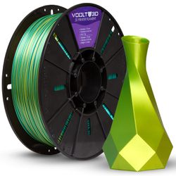 Filamento PLA Duo Color Dourado e Verde V-Silk 1kg para Impressão 3D, acabamento metálico brilhante e efeito bicolor.