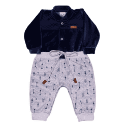 Macacão plush azul marinho e mescla Sonho Mágico -... - Novelinhos Moda Infantil