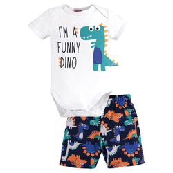 Conjunto bebê body branco dinossauro e bermuda azu... - Novelinhos Moda Infantil