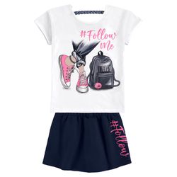 Conjunto blusa branca estampada e short saia azul ... - Novelinhos Moda Infantil
