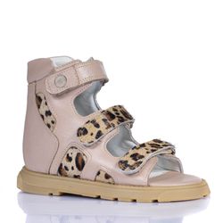 Sandália cano alto 3 velcros em couro begê e oncin... - Orthocalce Baby & Kids