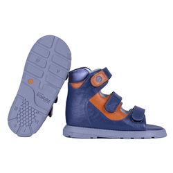Sandália cano alto 3 velcros couro azul com laranj... - Orthocalce Baby & Kids