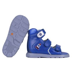 Sandália cano alto 3 velcros couro azul com foguet... - Orthocalce Baby & Kids