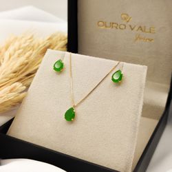 Conjunto de Corrente + Brincos em Ouro 18K - Jade ... - Ouro Vale Joias