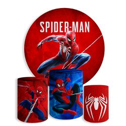 Kit Painel De Festa Homem Aranha Redondo + Trio De Cilindros Em Tecido - Painel de Festa Loja Oficial