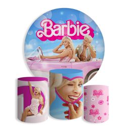 Kit Painel De Festa Barbie 3 Redondo + Trio De Cilindros Em Tecido - Painel de Festa Loja Oficial