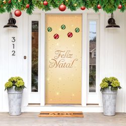 Capa De Porta Para Decoração Festa Feliz Natal Dourado Tecido Elástico 2.10x0.85m Painel de Porta - Painel de Festa Loja Oficial