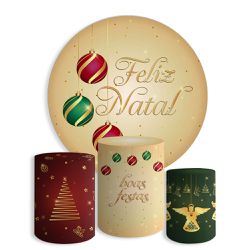 Kit Painel De Festa Feliz Natal 4 Redondo + Trio De Cilindros Em Tecido - Painel de Festa Loja Oficial