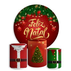 Kit Painel De Festa Feliz Natal 5 Redondo + Trio De Cilindros Em Tecido - Painel de Festa Loja Oficial