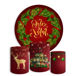 Kit Painel De Festa Feliz Natal 6 Redondo + Trio De Cilindros Em Tecido - Painel de Festa Loja Oficial
