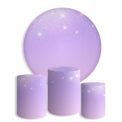 Kit Painel Festa Glitter Roxo Brilho Lilás Estrelas Redondo + Trio De Cilindros Em Tecido - Painel de Festa Loja Oficial