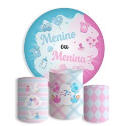 Kit Painel Festa Chá Revelação Menino Ou Menina Redondo + Trio De Cilindros Em Tecido - Painel de Festa Loja Oficial