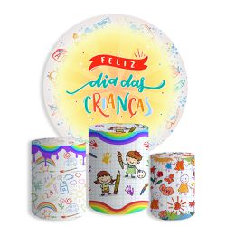 Kit Painel Festa Feliz Dia Das Crianças 2 Redondo + Trio De Cilindros Em Tecido - Painel de Festa Loja Oficial