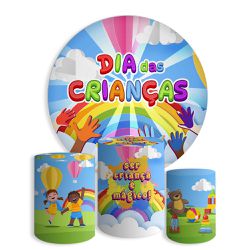 Kit Painel De Festa Feliz Dia Das Crianças 3 Redondo + Trio De Cilindros Em Tecido - Painel de Festa Loja Oficial