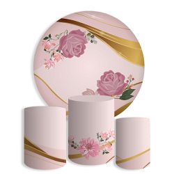 Kit Painel De Festa Arranjo De Flores Jardim Floral Redondo + Trio De Cilindros Em Tecido - Painel de Festa Loja Oficial