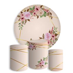 Kit Painel De Festa Arranjo De Flor Rosa Jardim Redondo + Trio De Cilindros Em Tecido - Painel de Festa Loja Oficial