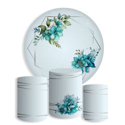 Kit Painel De Festa Jardim Floral Flores Azul Redondo + Trio De Cilindros Em Tecido - Painel de Festa Loja Oficial