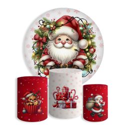 Kit Painel De Festa Papai Noel Natal Fofo Redondo + Trio De Cilindros Em Tecido - Painel de Festa Loja Oficial
