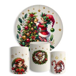Kit Painel De Festa Feliz Natal Mágico Duende Redondo + Trio De Cilindros Em Tecido - Painel de Festa Loja Oficial