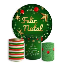 Kit Painel De Festa Feliz Natal Natalino Redondo + Trio De Cilindros Em Tecido - Painel de Festa Loja Oficial