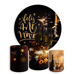 Kit Painel De Festa Feliz Ano Novo Réveillon Redondo + Trio De Cilindros Em Tecido - Painel de Festa Loja Oficial