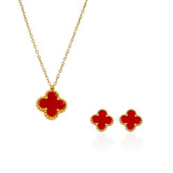 Conjunto Brinco e Colar Trevo Vermelho Liso Aço In... - Kumbayá Joias