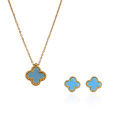 Conjunto Brinco e Colar Trevo Azul Liso Aço Inoxid... - Kumbayá Joias