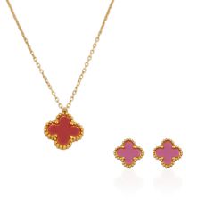 Conjunto Brinco e Colar Trevo Rosa Liso Aço Inoxid... - Kumbayá Joias