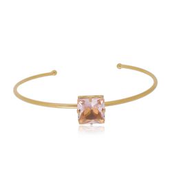 Pulseira Bracelete Com Carrê Semijoia Banho De Ouro 18k Cristal Rosa