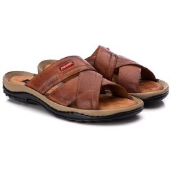 Chinelo Comfort Comfort Masculino em Couro Caramel... - PÉ LEVE