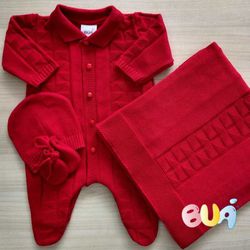 Saída Maternidade Tricot Quadradinhos- Vermelho - ... - Petit Papillon Bebê & Criança