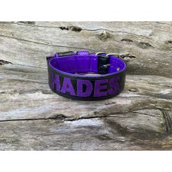 COLEIRA PERSONALIZADA 5cm preta/roxo com nome em r... - PETSPACE