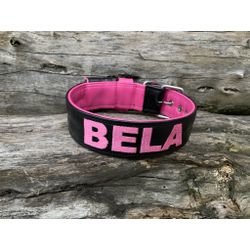 COLEIRA PERSONALIZADA 5cm preta/rosa com nome em r... - PETSPACE