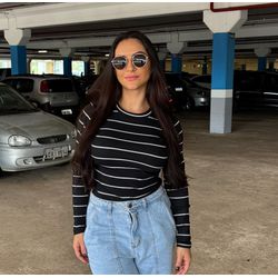 Blusa Manga Longa Listrada Preta com Branco - sulb... - Pira Pitanga