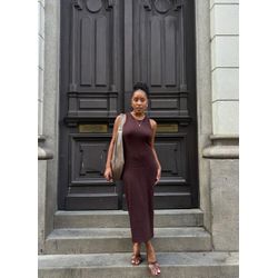Vestido Longo Malha Ribana Marrom - sulbr jade ma... - Pira Pitanga