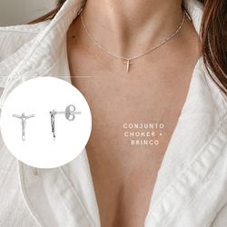 Conjunto Brinco e Choker Christ Prata 925