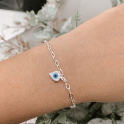 Pulseira Olho Grego Coração Branco Prata 925 