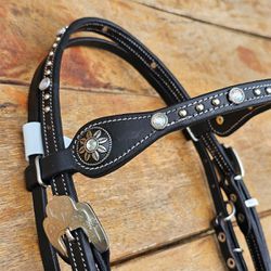 Cabecada Testa Couro Preto Strass Furta Cor Com Af... - PROTEC HORSE - A LOJA DOS GRANDES CAMPEÕES