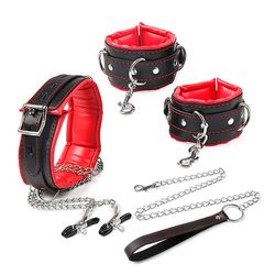 Kit Sado Com Algemas / Coleira - Prendedor De Mamilos + Guia - Quero Vibrar