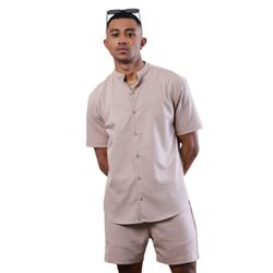 Conjunto Camiseta Linho e Bermuda Linho Liso Bege ... - Atacado da Moda