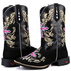 Bota Texana Feminina Bico Quadrado Preta Bordada -... - Ramon Botas 