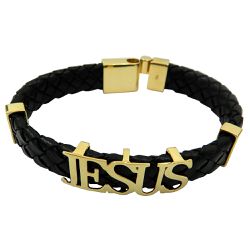 Pulseira com o nome Jesus em Ouro 18k Couro e feche Magnetico - 98038450 - RDJ Joias