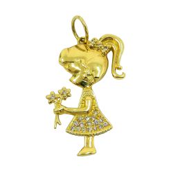 Pingente Menina com Bouquet de Flores em Ouro e Brilhantes - J07600473 - RDJ Joias