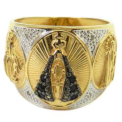 Anel N. Sra. Aparecida em Ouro 18K com Brilhantes e Safiras - J06102396 - RDJ Joias