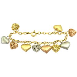 Pulseira Berloque de Corações em Ouro Branco, Amarelo e Rosê - J06103345 - RDJ Joias