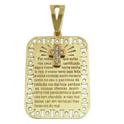 Medalha Retangular com Oração Pai Nosso em Ouro 18K com Zircônia - J10801764 - RDJ Joias