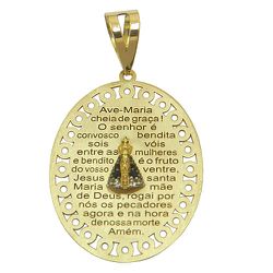 Medalha Oração Ave Maria de Ouro 18K com Nossa Sra Aparecida em Zircônia - J10801766 - RDJ Joias